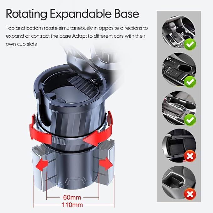4 in 1 Upgrade Cup Holder Expander, Multifunctional Cup Holder for Car with Lock, 360° Rotating Cupholder Expander with Ashtrays & Adjustable Base, Expandable Cup Holder for Large Bottles Drinks Mugs - Image 5