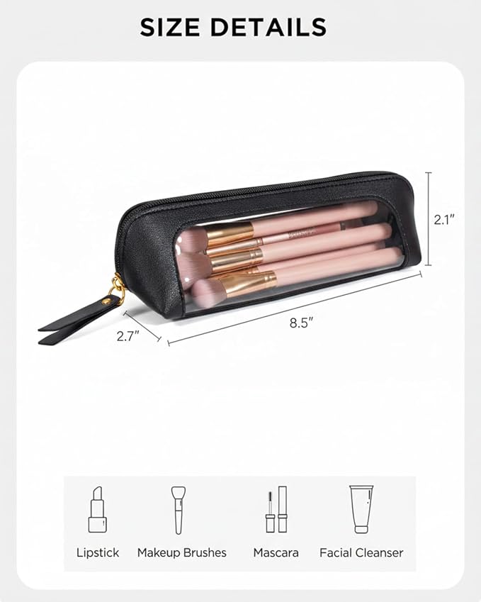 Clear Pencil Case for Boys,Cute Travel Makeup Brush Holder, Waterproof PU Leather Cosmetic Brush Pouch with Zipper, Portable Makeup Brush Organizer Case for Daily Use Travel (Chic Black) - Image 7