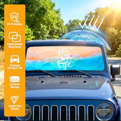 Windshield Sun Shade for Car, 63"x28.5" Stylish Printed Front Window Sunshade with Double Steel Ring Frame, Universal Fit Foldable Heat Blocker & UV Protector, with Storage Pouch (Sea & Beach) - Image 6