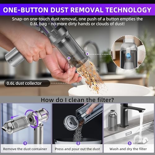 Handheld Vacuum Cleaner, 28000Pa 4 in 1 Handheld Vacuum Cordless, One-Touch Dust Removal, 3 Speeds Brushless Motor Mini Vacuum, Car Vacuum Portable Cordless for Office, Home, Kitchen, Car, Pet Hair - Image 3