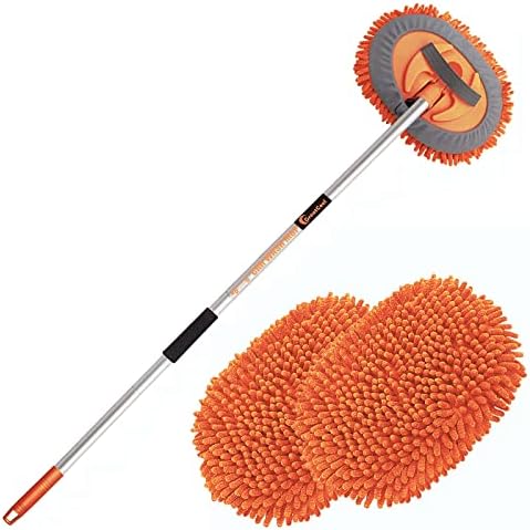 62" Car Wash Brush Mop Kit with Long Handle, 2 in 1 Chenille Microfiber Sponge Mitt Cleaning Detailing Duster for Washing Cars Truck SUV RV Caravans and Household(2 x Mop Head) (Orange) by GreatCool