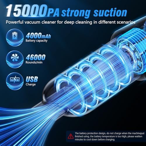 Car Vacuum Cleaner, 15000Pa Handheld Cordless Rechargeable Vacuum, 120W High Power Portable Mini Vacuum for Car, Pet, Home, Office Cleaning, Washable HEPA Filter, Multi-Nozzles - Image 3