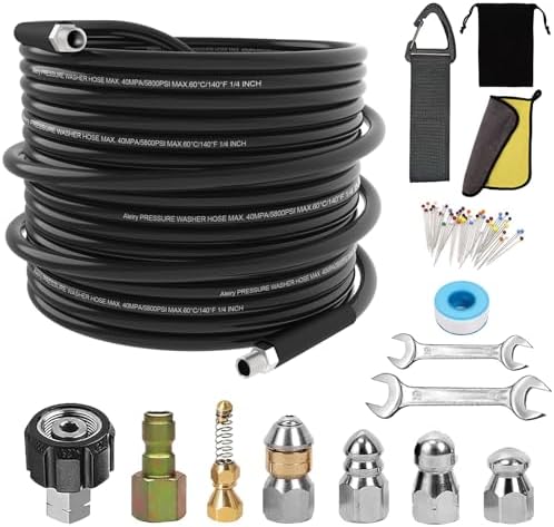 Sewer Jetter Kit for Pressure Washer,Water Jet Drain Cleaning Hose with Corner Rotating Button Spring Nose 1/4" NPT Sewer Cleaning Tool High-Pressure Nozzles,5800 PSI 50 FT by ALEIRY