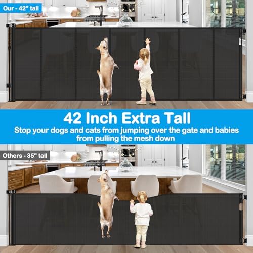 Reinforced 42" Extra Tall Retractable Dog Gate, 200" Extra Wide Baby Gate with Support Rods-Prevent Crawling Through, Outdoor/Indoor Baby Fence/Barrier/Blocker for Home, 16ft Retractable Garage Gate - Image 4