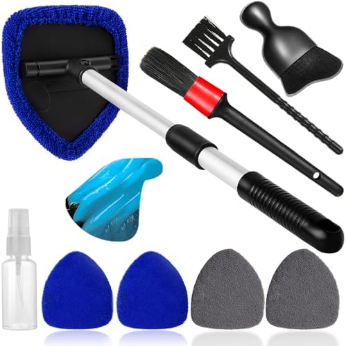 Qydipclin 10pcs Windshield Cleaner Tool, Car Window Cleaning Wash Kit with 4 Reusable Microfiber Pads 1 Spray Bottle and Extendable Handle Auto Glass Wiper Kit, Blue&Gray by Qydipclin