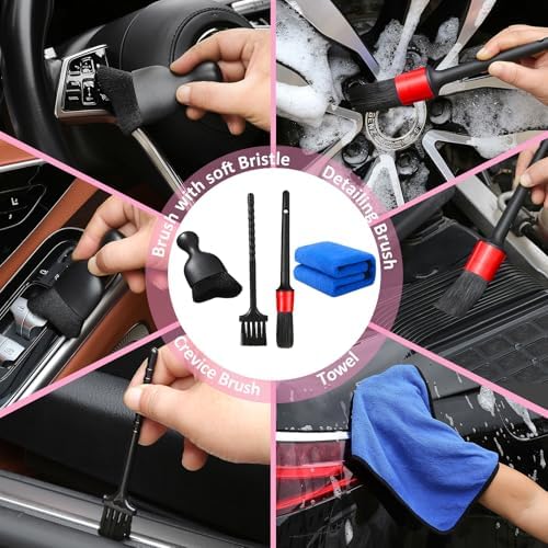 Qydipclin 10pcs Windshield Cleaning Tool Inside Car Window Cleaner Wash Kit with 4 Reusable Microfiber Pads 1 Spray Bottle and Extendable Handle Interior Auto Glass Wiper Kit, Pink - Image 3