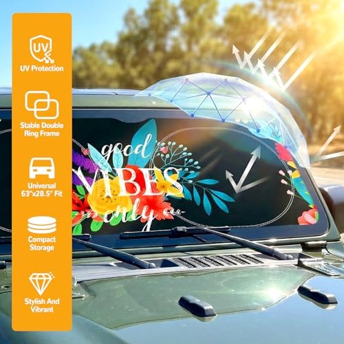 Windshield Sun Shade for Car, 63"x28.5" Stylish Printed Front Window Sunshade with Double Steel Ring Frame, Universal Fit Foldable Heat Blocker & UV Protector, with Storage Pouch (Flowers) - Image 6