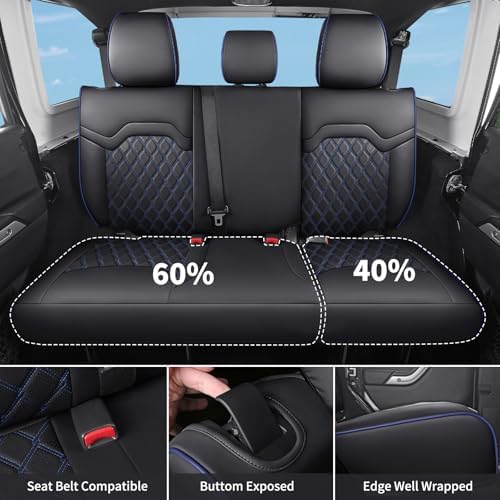 Huidasource Wrangler Seat Covers 4 Door 2007-2017, Front & Rear Airbag Compatible Leather Seat Cover for Jeep Wrangler JK Unlimited Sahara, Rubicon, Sport, Willys (Full Set/Black&Blue) - Image 3