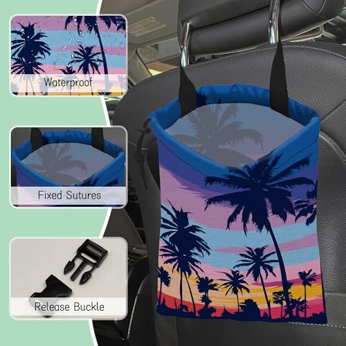 Palm Trees Car Garbage Bag,Sunset Waterproof Small Car Trash Bag Hanging Back of Seat,Drawstring Hanging Car Trash Bag with Adjustable Buckle for Car Accessories - Image 5