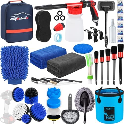 38Pcs Car Wash Detailing Kit Cleaning Kits with Foam Gun Sprayer Collapsible Bucket Drill Brush Large Wash Mitt Towels Complete Interior Exterior Car Washing Supply Set Blue by AUTODECO