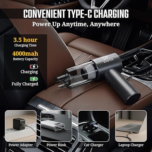Car Vacuum Portable Cordless 12000Pa Powerful Suction Handheld Mini Rechargable Small Vacuum Cleaner Brushless Motor 4000mAh Rechargeable Type C Blower Inflator Deflator Car Cleaning - Image 6