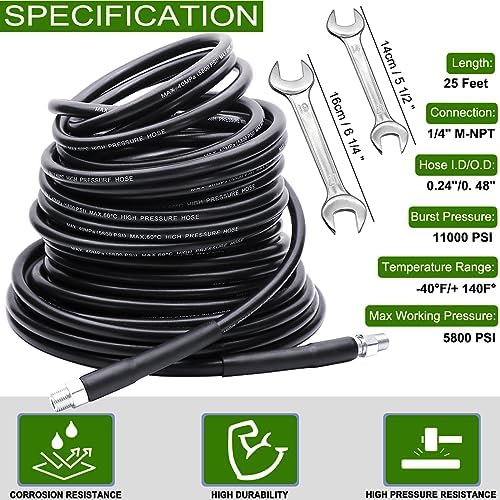 WEST BAY Sewer Jetter Kit 25 FT for Pressure Washer, 5800 PSI Drain Cleaner Hose 1/4 Inch NPT Corner Rotating and Button Nose Sewer Jetting Nozzle Spanner WatertightTape Pearl Corsage Pin - Image 2
