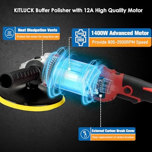 KITLUCK Buffer Polisher, 12Amp 6″/7″ Rotary Polisher for Car Detailing, 1400W 7 Variable Speed Car Buffer Polisher Machine, 800-3500RPM, with Foam Pad, Wool Pad For Car Polishing, Buffing, Waxing - Image 4