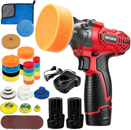 Cordless Buffer Polisher, 12V Mini Wax Buffer & Sander with 2 X 2.5Ah Battery & Charger, 1/2/3" Backing Plate, 40pcs Polishing Pads, Variable Speed for Car Detailing/Buffing/Sanding/Waxing by KITLUCK