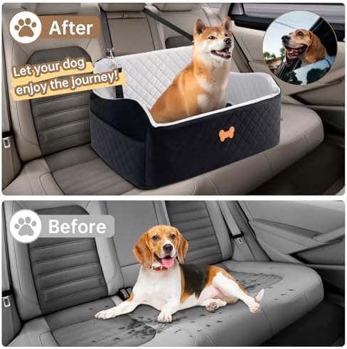 Car Seat for Large Size Dog, Booster Seat for Dogs Under 55 lbs or 2 Small Dogs, Soft Car Dog Bed Filling in Thick Memory Foam with 2 Safety Leashes and Storage Pocket (Grey/Black) - Image 2
