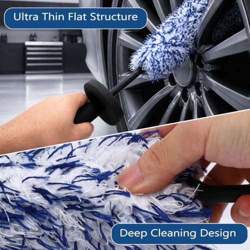 2 Pack Car Wheel Brush Set, Wheel Cleaning Brush Car Rim Cleaner Long Plush Anti Scratch Slim Flat Design for Wheels Rims Engine Bays Tires Cars Trucks SUVs Motorcy - Image 2