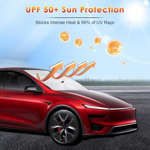 for Car Windshield Sunshade Umbrella 2026 Tesla Model 3/Model Y Custom Fit Windshield Sun Protector Cover 6-Layer Heat-Resistant Fabric, Ultra-Strong Fiberglass Frame (for Tesla Model 3/Model Y) - Image 3
