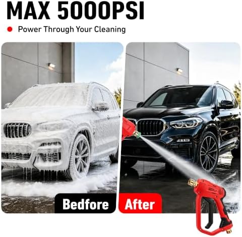 Short Pressure Washer Gun 5000 PSI with 5 Nozzle Tips, M22-14mm Fittings, Heavy Duty Power Washer Spray Gun with Ergonomic Handle for Car Wash, Detailing, and Cleaning - Image 2