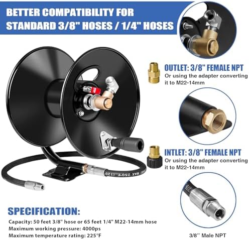 MEKOH Compact Pressure Washer Hose Reel 50ftx3/8” / 65ftx1/4”, 4000PSI - Image 6