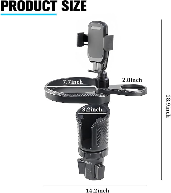 Car Cup Holder Tray, 3 in 1 Multifunctional Vehicle Food Water Bottle Phone Holder Expander Adapter with Adjustable Base, Detachable Auto Interior Food Tray Table, Universal Fit (Black) - Image 2