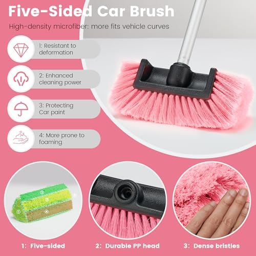 Car Wash Brush with Long Handle, 60'' Soft Bristle Cleaning Brush, Car Cleaning Brushes, Carwash Brushes for SUV, RV, Boat, Truck, House Siding, Sweep Snow,Pink - Image 4