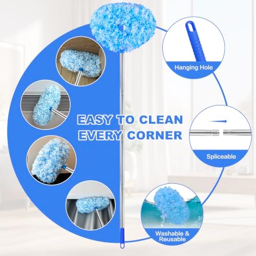 Ceiling Fan Cleaner Duster Reusable Microfiber Ceiling Fan Blade Cleaner Removable Duster with Extension Pole Adjusts 13 to 49.7 Inch for Cleaning Walls Furniture Door Window Top (Blue White) - Image 3