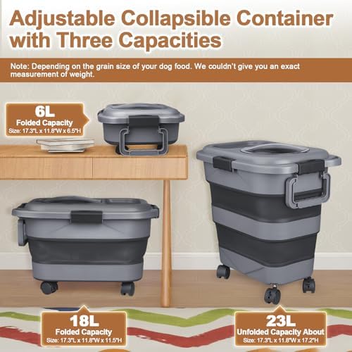 Dog Food Storage Container，23-25 lbs Airtight Collapsible Cat Food Storage Container with Attachable Wheels, Portable Handle, Dog Food Scoop for Dog Cat Bird Pet Dry Food Storage Bin Dark Grey - Image 2
