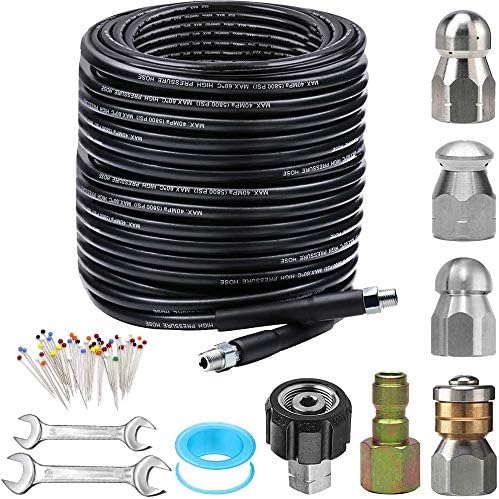 Sewer Jetter Kit for Pressure Washer 150FT, 5800PSI Drain Cleaner Hose 1/4 Inch NPT Corner, Rotating and Button Nose Sewer Jetting Nozzle Pearl Corsage Pin Waterproof Tape with 2 Spanner by ZOFINE