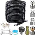 Sewer Jetter Kit for Pressure Washer 150FT, 5800PSI Drain Cleaner Hose 1/4 Inch NPT Corner, Rotating and Button Nose Sewer Jetting Nozzle Pearl Corsage Pin Waterproof Tape with 2 Spanner by ZOFINE