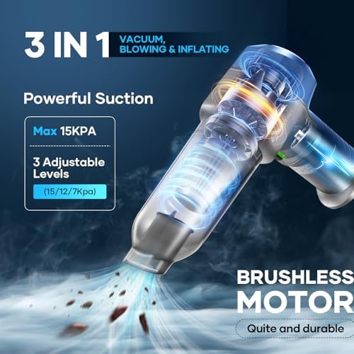 SakerPlus Mini Vacuum Cleaner, 3 in 1 Car Vacuum Cleaner High Power, 15000PA Powerful Suction, Air Duster, 7500mAh, Adjustable Small Vaccum Portable Cordless for Cars,Desktop,Home- Light Blue - Image 2