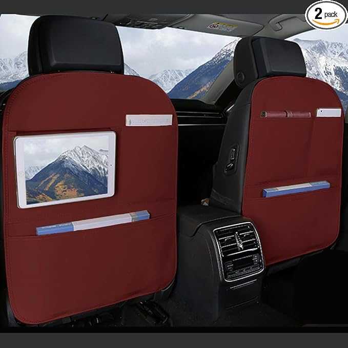 SUTSU Kick Mat Back Seat Protector， Waterproof Leather Car Seat Back Organizers Cover with 3 Storage Pockets for Kids Pets SUV Sedan Minivan Truck Car Travel Accessories (Wine Red 2-pack) by Unknown