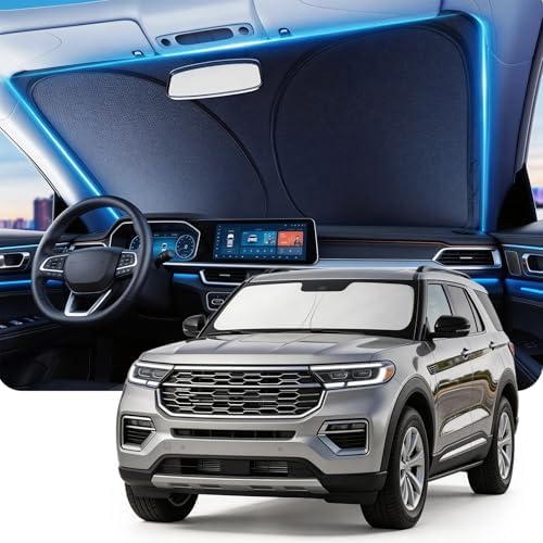 DMJN Front Windshield Sun Shade for Ford Explorer (2020-2026), [Nano Ice-Crystal Coatings] UPF50+ Heat & UV Block, Protect Car Interior & Keep Cool, Flodable Steel-Ring Car Cover for Summer by DMJN