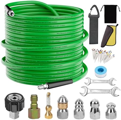 Sewer Jetter Kit for Pressure Washer,Water Jet Drain Cleaning Hose with Corner Rotating Button Spring Nose 1/4" NPT Sewer Cleaning Tool High-Pressure Nozzles,5800 PSI 100 FT by ALEIRY