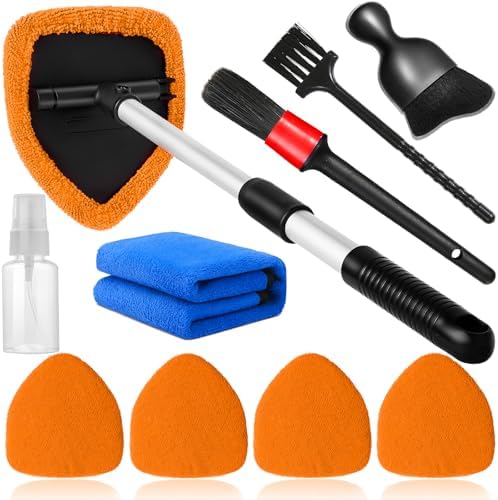 Qydipclin 10pcs Windshield Cleaning Tool Inside Car Window Cleaner Wash Kit with 4 Reusable Microfiber Pads 1 Spray Bottle and Extendable Handle Interior Auto Glass Wiper Kit, Orange by Qydipclin