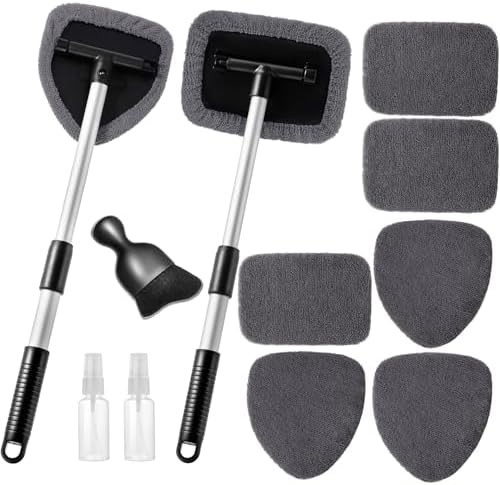 Qydipclin 11pcs Windshield Cleaner Tool, Car Window Cleaning Wash Kit with 6 Reusable Microfiber Pads 2 Spray Bottles and Extendable Handles Auto Glass Wiper Kit, Gray by Qydipclin