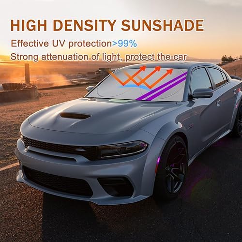 Front Windshield Sun Shade Fit for Dodge Charger Challenger Durango Journey Universal Fit to All Dodge Cars Foldable Sun Visor Protector Custom Fit Dodge Window Sunhade (Purple Trim) - Image 2