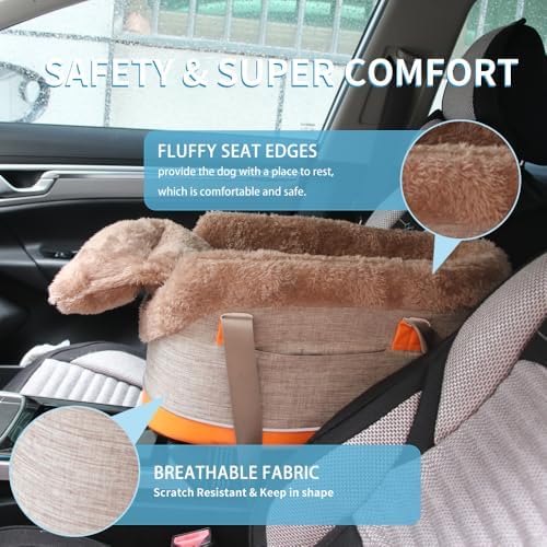 Pet Car Center Console Elevated Armrest Car Seat for Small Puppy, Dogs & Cats (Up to 10 lbs) – Dark Gray Washable Plush Carrier with Safety Leash, Fits Front Vehicle Console Space (Khaki) - Image 6