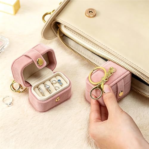 Mini Velvet Ring Box with Keychain Clip, Travel Jewelry Organizer Ring Earrings Storage Box for Proposal Engagement Wedding Ceremony Party, Pet Ring Bearer Accessory, Pink - Image 5