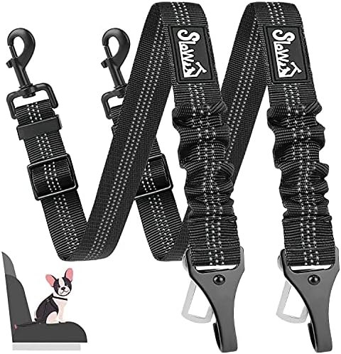 SlowTon Dog Car Seat Belt, 3 in 1 Latch Bar Attachment Dog Safety Seatbelt | Hook Latch Bar& Seatbelt Buckle, Reflective, Heavy Duty Nylon, Durability, Easy of Use, for Travel Riding, Black, 2 Pack by SlowTon