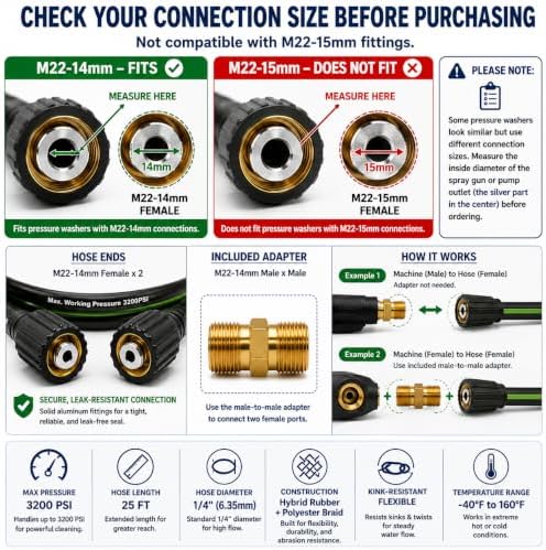 Pressure Washer Hose 1/4" × 50FT - 3200 PSI Heavy Duty Power Washer Hose Replacement with M22-14mm Aluminum Fittings, Flexible Kink-Resistant Hose for M22-14mm Compatible Pressure Washers - Image 2