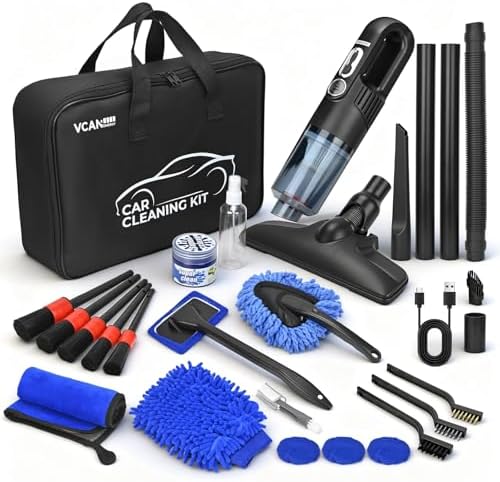 VCANENERGY Car Cleaning kit, Car Interior Detailing kit with Wheel Brush, Windshield Cleaner Tool, Microfiber Towel, Wash Mitt, Interior and Exterior Car Wash kit with Bag (28pcs) by VCANENERGY