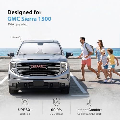 2026 Upgraded Windshield Sun Shade for GMC Sierra 1500 [Precision Custom Fit, Superior UV & Heat Block] Cooling Tech Fabric, Durable Foldable with Storage Bag, Fits 2000-2026 - Image 2