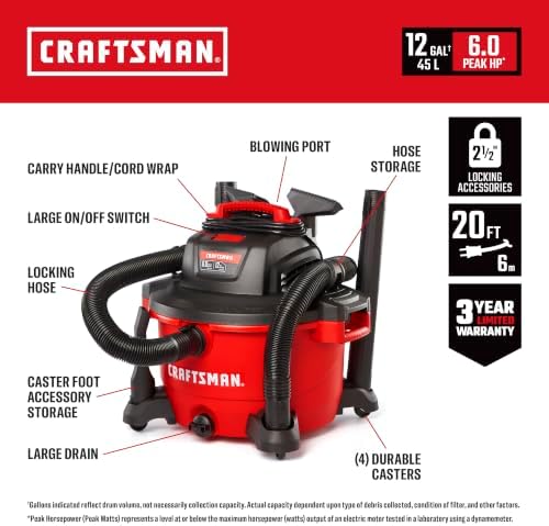 CRAFTSMAN CMXEVBE17594 12 Gallon 6.0 Peak HP Wet Dry Shop Vacuum - Image 2