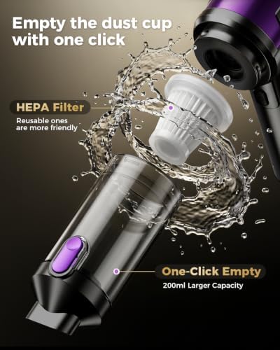 Handheld Car Vacuum Portable Cordless, Hand held Vacuum Cleaner & 22KPa High-Power Suction Air Duster for Car Cleaning, Home, Office, Pet Hair -Black - Image 5