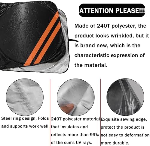 Front Windshield Sun Shade Fit for Dodge Charger Challenger Durango Journey Universal Fit to All Dodge Cars Foldable Sun Visor Protector Custom Fit Dodge Window Sunhade (Black Orange) - Image 3