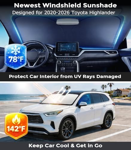 DMJN Front Windshield Sun Shade for Toyota Highlander (2020-2026), [Nano Ice-Crystal Coatings] UPF50+ Heat & UV Block, Protect Car Interior & Keep Cool, Flodable Steel-Ring Car Cover for Summer - Image 2