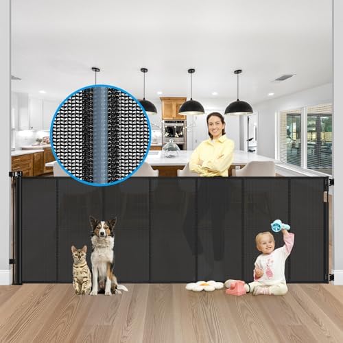 Reinforced Bottom 42" Extra Tall x 100" Extra Wide Retractable Baby/Pet Gate - Black Mesh - Wall Mount - Suitable for Babies, Dogs, Cats (6-24 months) - HH-A126 by Babyproofingoutletcovers