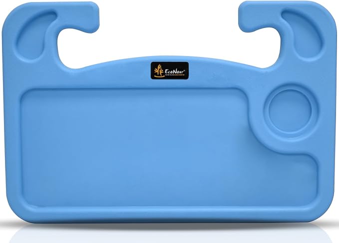 EcoNour 2 in 1 Car Steering Wheel Desk | Steering Wheel Tray for Laptop | Car Mount with Pen Holder | Car Food Tray for Eating with Drinks Holder | Multipurpose Travel Car Accessories | Blue by EcoNour