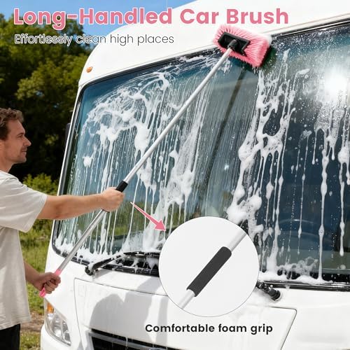 Car Wash Brush with Long Handle, 60'' Soft Bristle Cleaning Brush, Car Cleaning Brushes, Carwash Brushes for SUV, RV, Boat, Truck, House Siding, Sweep Snow,Pink - Image 7