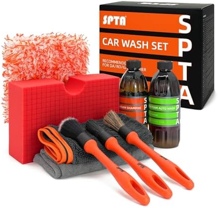 SPTA Car Wash Kit, Clean & Car Wash Kit (9 Items, Including 2-16oz. Car Wash Shampoo, 1Pc Microfiber Mitts,1Pc Red Car Wash Sponge, 2Pcs 16"x16" Microfiber Detail Towels and 3Pcs Car Detail Brush by SPTA